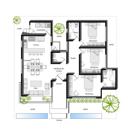Planta arquitectónica de una casa de 15x15 metros con sala, comedor, cocina y tres recámaras, mostrando la distribución de los Planos de casa de 1 piso Porta.
