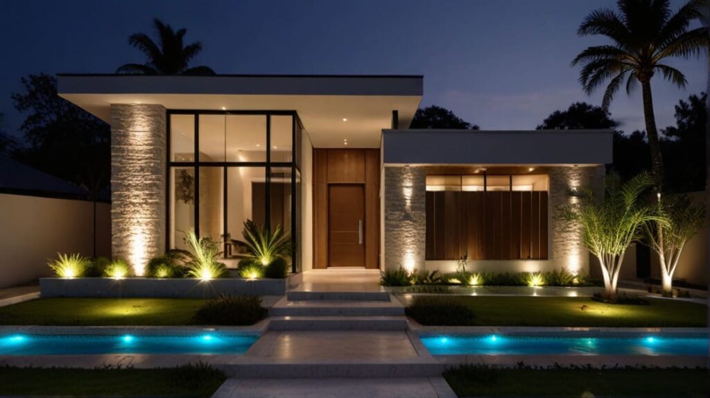 Fachada de los Planos de casa de 1 piso Porta, mostrando la puerta principal y las texturas de piedra y madera del diseño exterior.