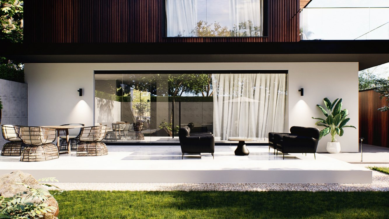 Casa Bugambilia planos modernos: terraza con comedor exterior Casa Bugambilia planos modernos con terraza amueblada, comedor exterior y gran ventanal hacia el jardín