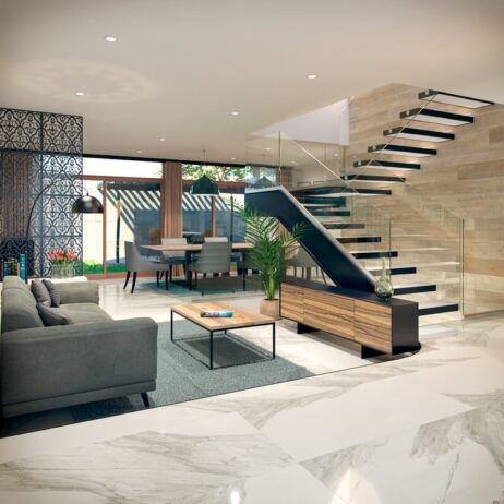 Interior moderno de la sala en los planos de casa moderna Caoba Sala con diseño moderno y escalera de acero y vidrio de Planos de casa moderna caoba