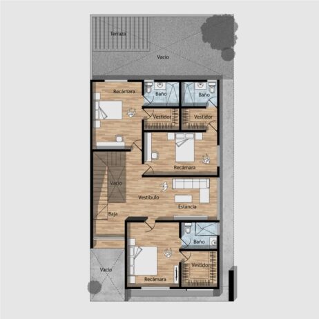 Planta alta de los planos de casa moderna Fresno Plano arquitectónico de planta alta de los planos de casa moderna Fresno con 3 recámaras.