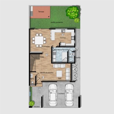 Planta baja de los planos de casa moderna Fresno Plano arquitectónico de planta baja de los planos de casa moderna Fresno 10x20.