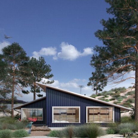 Vista frontal de los planos de casa de campo mar, diseño contemporáneo, rodeada de pinos y vegetación.