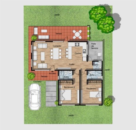 planos de casa de campo mar contemporánea con dos dormitorios, sala, cocina, comedor, dos baños, terraza y cochera.