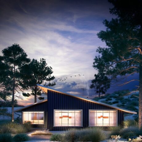 Fachada de planos de casa de campo mar al atardecer, con luces cálidas y diseño inclinado.