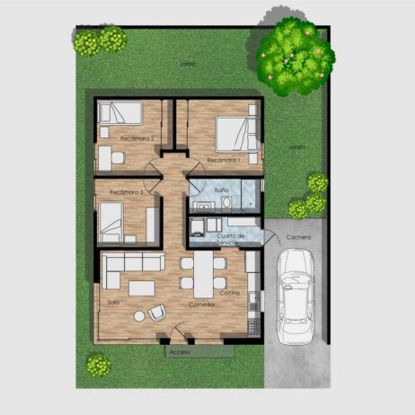 Vista superior de los [Planos de Casa pequeña Mía] con la distribución de una casa de 10x10 metros. Se muestran tres recámaras, sala, comedor, cocina, baño, cuarto de servicio y cochera.