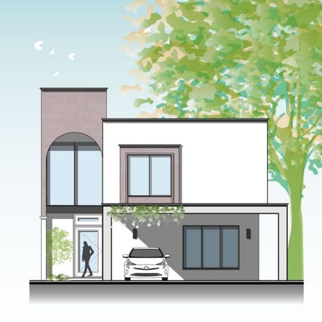 Dibujo de alzado arquitectónico de la fachada principal de los planos de casa colonial Sauce.