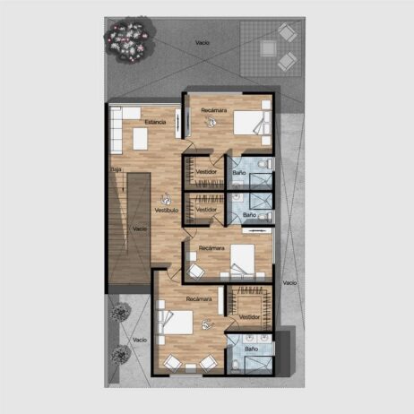 Plano detallado de la planta alta de los planos de casa colonial Sauce, mostrando tres dormitorios.