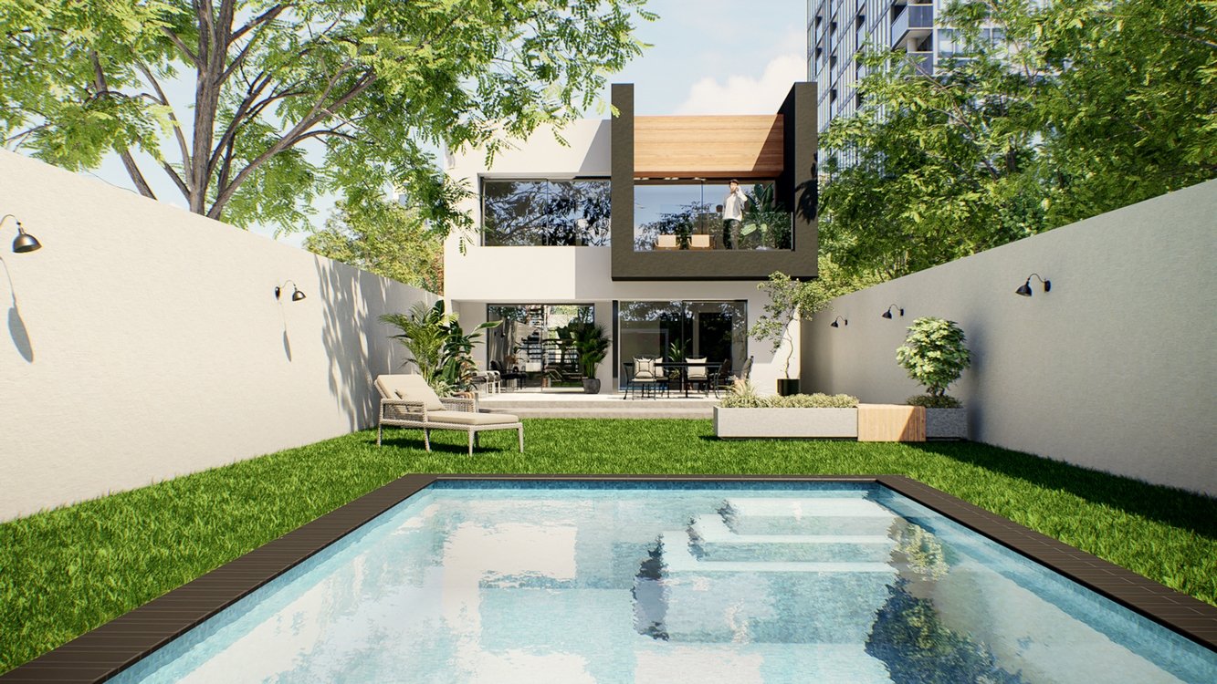 Casa modera Tulipán 2 planos vista desde la piscina hacia el jardín y la terraza posterior
