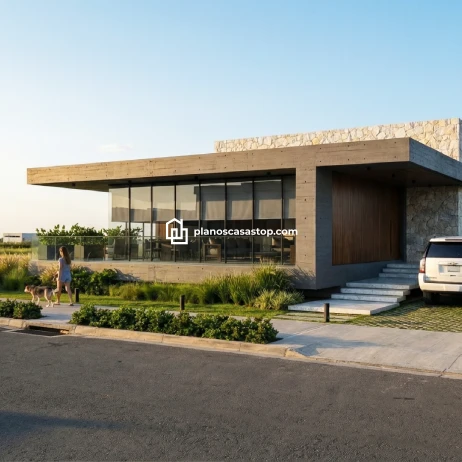 Planos de casa moderna Viesca: Arquitectura y Estilo Fachada de concreto y piedra basada en los planos de casa moderna Viesca con amplios ventanales y luz de atardecer.