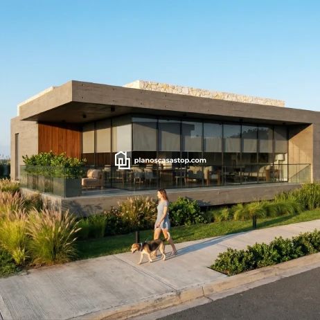 Diseño y Planos de Casa Moderna Viesca | Estilo Minimalista Fachada minimalista de concreto y cristal basada en los planos de casa moderna Viesca con jardín frontal.