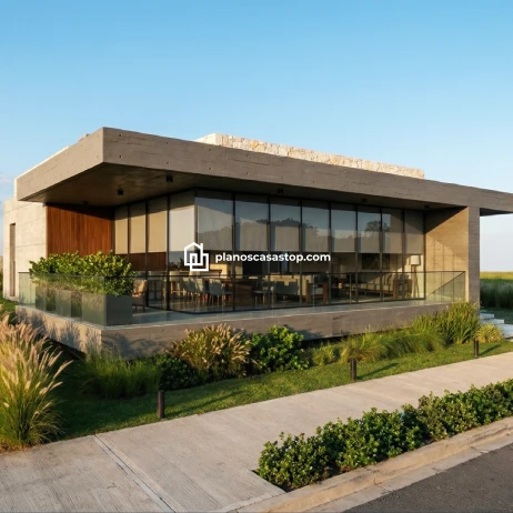 Planos de Casa Moderna Viesca: Arquitectura y Diseño Fachada de concreto y cristal basada en los planos de casa moderna Viesca con jardín minimalista y ventanales.