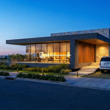 Planos de casa moderna Viesca: Innovación y Lujo Fachada contemporánea con iluminación cálida basada en los planos de casa moderna Viesca con acabados en piedra y madera.