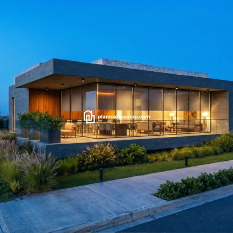 Diseño y Planos de Casa Moderna Viesca Fachada acristalada de concreto inspirada en los planos de casa moderna Viesca con iluminación cálida nocturna.