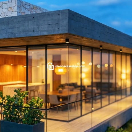 Planos de Casa Moderna Viesca: Elegancia y Cristal Fachada vidriada y techo de concreto aparente basada en los planos de casa moderna Viesca con iluminación cálida.