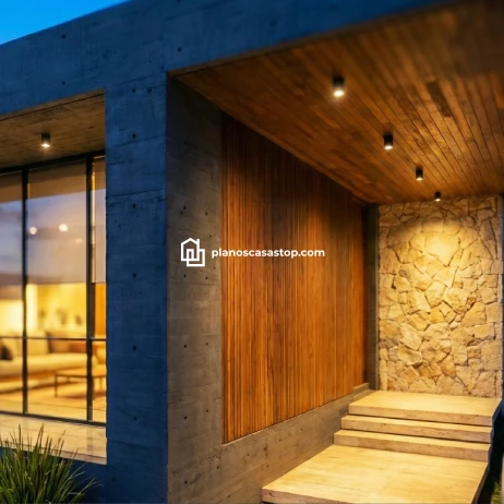 Fachada y Planos de Casa Moderna Viesca Acceso contemporáneo con concreto y madera basado en los planos de casa moderna Viesca.