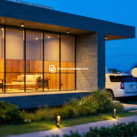 Planos de Casa Moderna Viesca: Diseño y Vanguardia Fachada con grandes ventanales y concreto de los planos de casa moderna Viesca iluminada al atardecer.