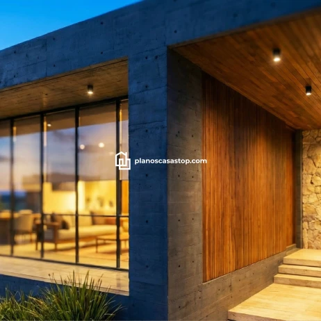 Planos de casa moderna Viesca: Diseño y Sofisticación Fachada de concreto y madera basada en planos de casa moderna Viesca con iluminación cálida al atardecer.