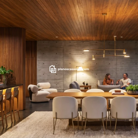 Diseño Interior: Planos de casa moderna Viesca Interior de comedor y sala con acabados de madera y concreto para planos de casa moderna Viesca.