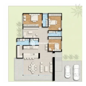 Planos de casa moderna Viesca con tres recámaras, cochera para dos autos y amplias zonas sociales integradas.