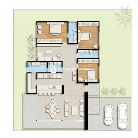 Planos de casa moderna Viesca: Distribución y Confort Planos de casa moderna Viesca con tres recámaras, cochera para dos autos y amplias zonas sociales integradas.