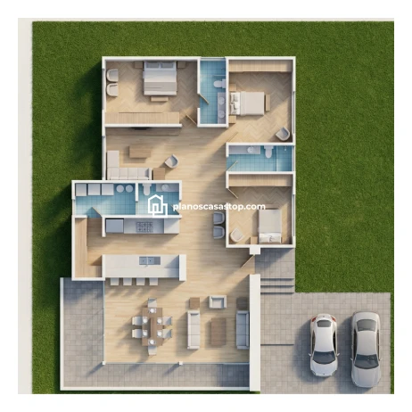 Planos de Casa Moderna Viesca: Diseño Funcional Render 3D de los planos de casa moderna Viesca con distribución de tres dormitorios y áreas sociales integradas.