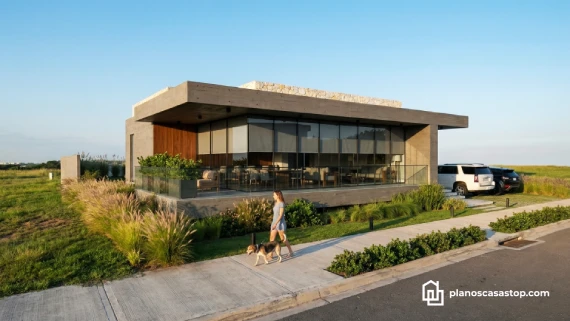 Fachada contemporánea basada en planos de casa moderna Viesca con acabados en concreto aparente y grandes ventanales.