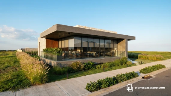 Fachada minimalista de concreto y vidrio inspirada en los planos de casa moderna Viesca ante un paisaje natural.