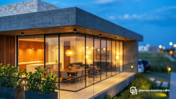 Vista exterior de cristal y concreto basada en los planos de casa moderna Viesca con iluminación cálida al atardecer.