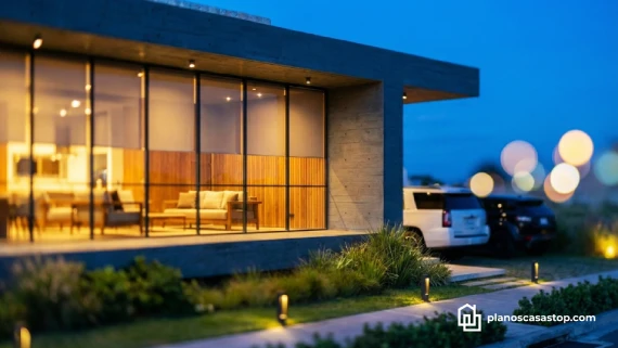 Fachada de concreto y cristal en planos de casa moderna Viesca con iluminación cálida al atardecer.