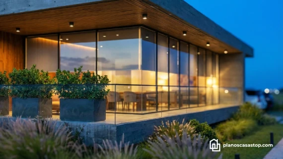 Exterior iluminado según planos de casa moderna Viesca con ventanales de piso a techo y acabados en madera y concreto.