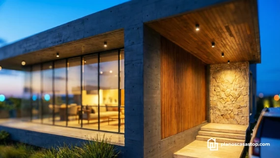 Fachada de concreto y madera basada en planos de casa moderna Viesca con iluminación cálida al atardecer.