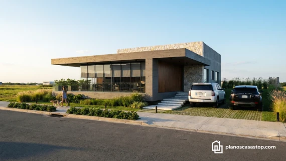 Fachada de hormigón y piedra inspirada en los planos de casa moderna Viesca durante el atardecer.