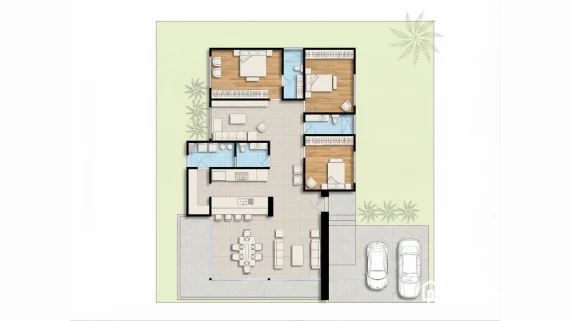 Planos de casa moderna Viesca con tres recámaras, terraza amplia, cochera doble y diseño de planta libre funcional.