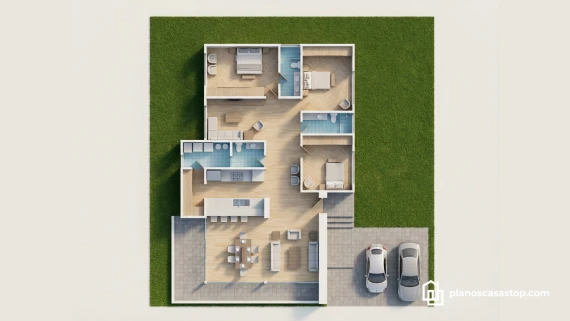 Vista cenital 3D de los planos de casa moderna Viesca con tres habitaciones, sala abierta y acabados en madera.