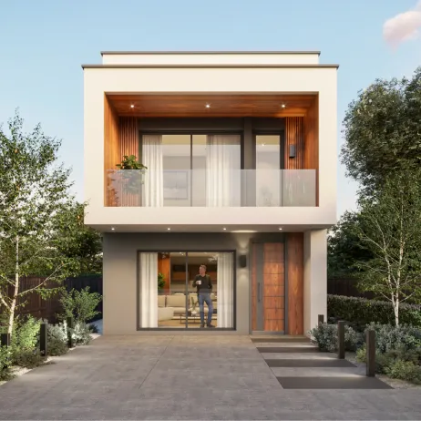 Render frontal de la casa moderna diseñada con los planos de casa pequeña abedul.