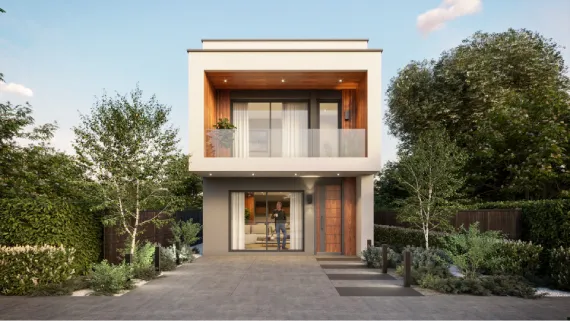 Render frontal de la casa moderna diseñada con los planos de casa pequeña abedul.