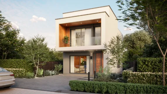 Imagen render de la casa moderna con vegetación y el área de la cochera de los planos de casa pequeña abedul.