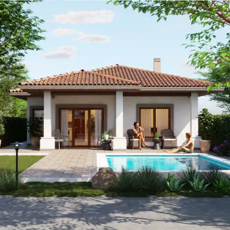 Vista frontal completa de los planos de casa pequeña ciruelos, mostrando la casa, el jardín y la alberca.