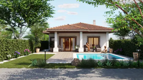 Vista frontal completa de los planos de casa pequeña ciruelos, mostrando la casa, el jardín y la alberca.