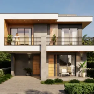 Primer plano de la entrada principal de los Planos de casa moderna morocco, resaltando las texturas de la fachada y los balcones superiores.