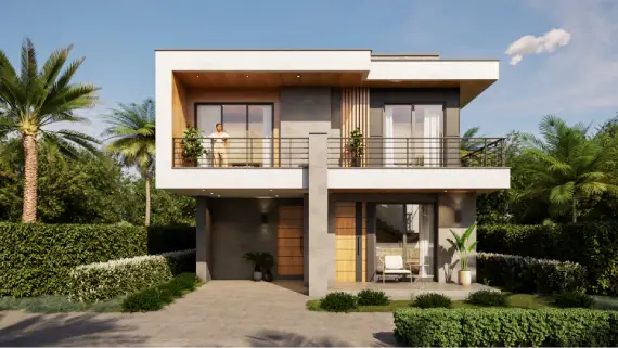 Primer plano de la entrada principal de los Planos de casa moderna morocco, resaltando las texturas de la fachada y los balcones superiores.