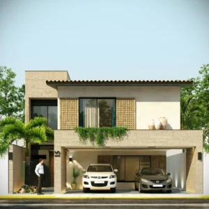 Render 3D de la fachada de una casa de dos pisos con un estilo mexicano y moderno, con cochera para dos autos. Un ejemplo de los planos de casa 10x20 castaños.