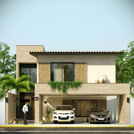 Render 3D de la fachada de una casa de dos pisos con un estilo mexicano y moderno, con cochera para dos autos. Un ejemplo de los planos de casa 10x20 castaños.