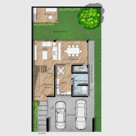 Distribución de la Planta Baja en los Planos de casa 10x20 Castaños Plano arquitectónico de la planta baja de los planos de casa 10x20 castaños, con la distribución de la cochera, sala, comedor, cocina, jardín trasero y patio de servicio.