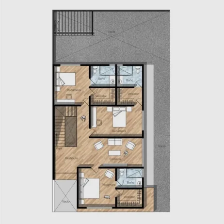 Distribución de la Planta Alta en los Planos de casa 10x20 Castaños Plano de la planta alta de los planos de casa 10x20 castaños, con la ubicación de las tres recámaras, cada una con baño y vestidor, y la estancia familiar.