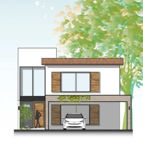 Ilustración detallada de los Planos de casa 10x20 Castaños Ilustración arquitectónica de la fachada de los planos de casa 10x20 castaños, que muestra el diseño moderno y los elementos clave de la casa, como ventanas amplias y la cochera.