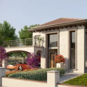 Render de una perspectiva exterior de los planos de casa colonial Jazmín, resaltando la altura, ventanales verticales y detalles de teja.