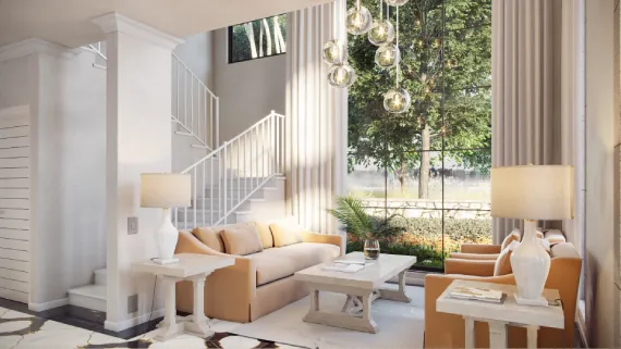 Render horizontal de la sala de doble altura con escalera y ventanal al jardín de Casa colonial Jazmín 3 planos.
