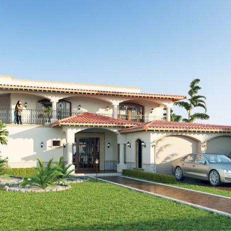 Fachada Principal de los Planos de Casa Colonial Manzano Fachada principal exterior de los Planos de casa colonial manzano, destacando el estilo colonial, el balcón con arcos y el jardín tropical.